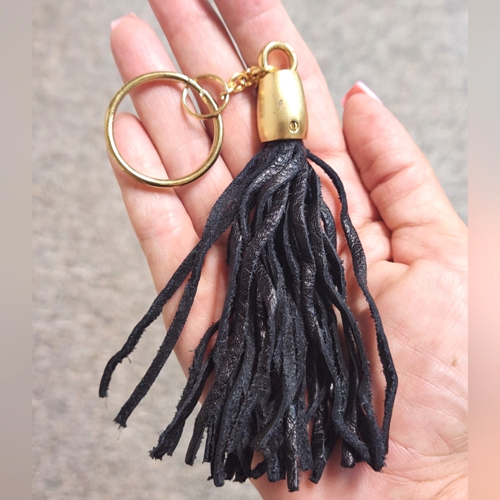 Anthropologie Steampunk Black Leather Tassel Keychain